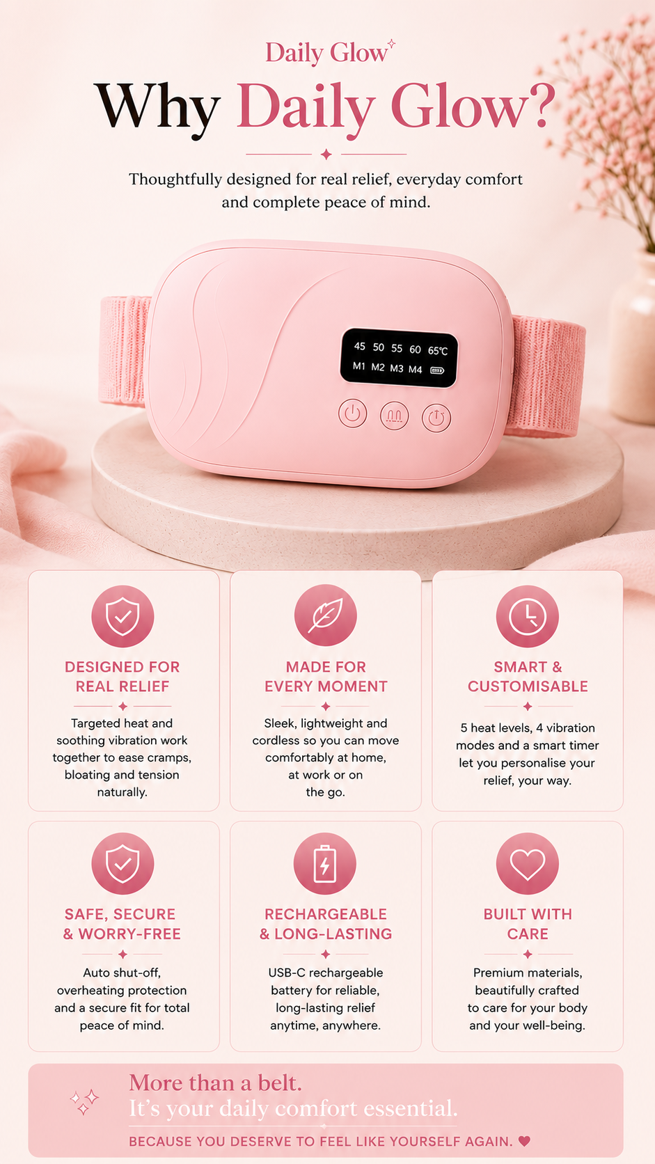 Daily Glow Period Relief Belt - Heat and Vibration Therapy