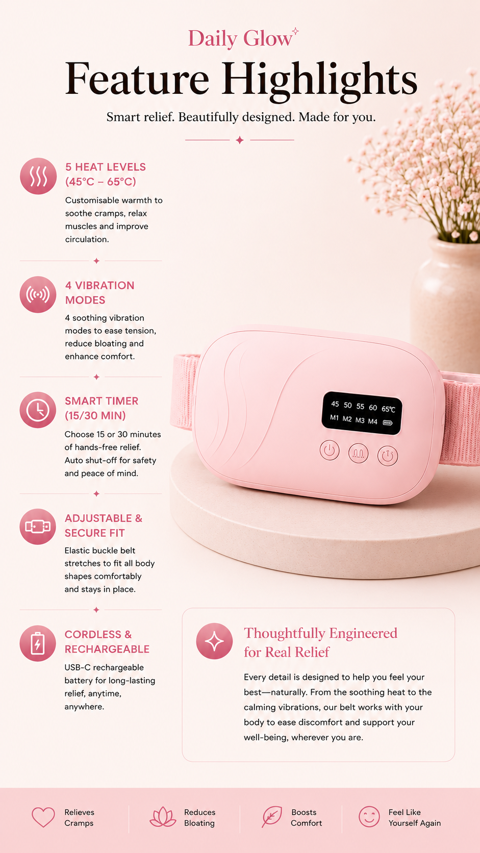 Daily Glow Period Relief Belt - Heat and Vibration Therapy