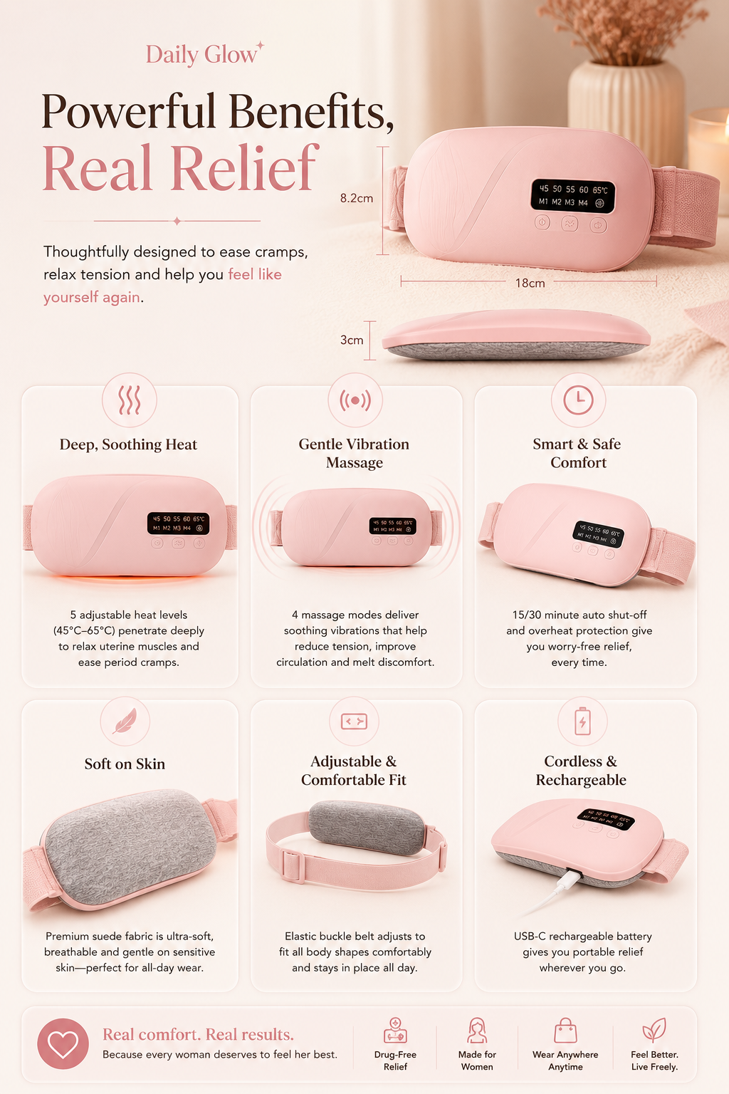 Daily Glow Period Relief Belt - Heat and Vibration Therapy