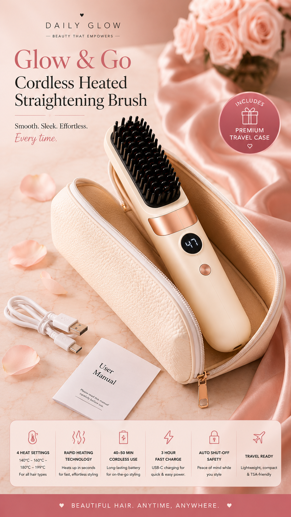 Glow & Go Cordless Heated Straightening Brush