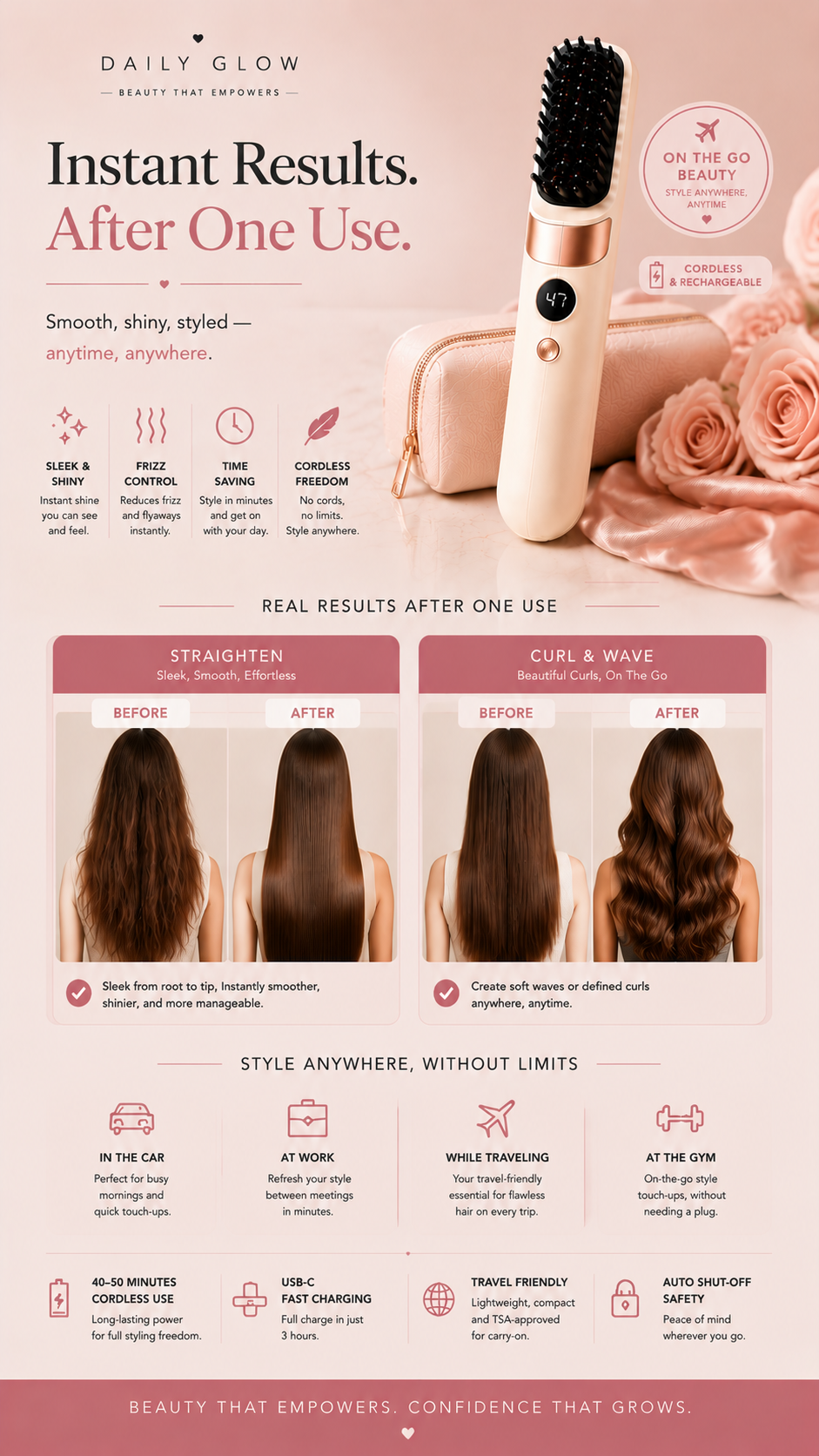 Glow & Go Cordless Heated Straightening Brush