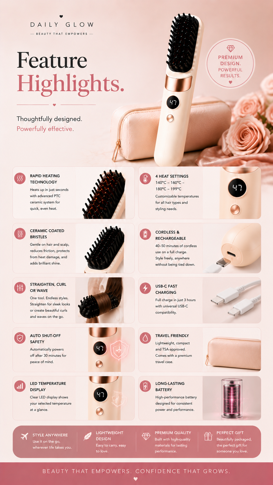 Glow & Go Cordless Heated Straightening Brush
